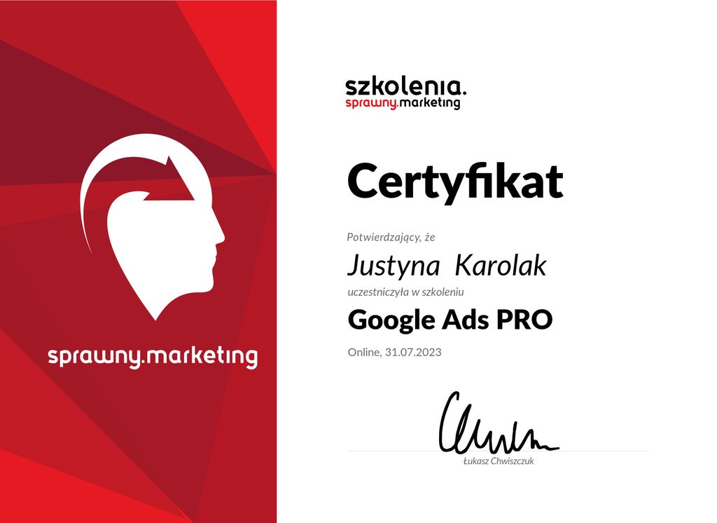 Zaświadczenie Google Ads PRO — Sprawny.marketing