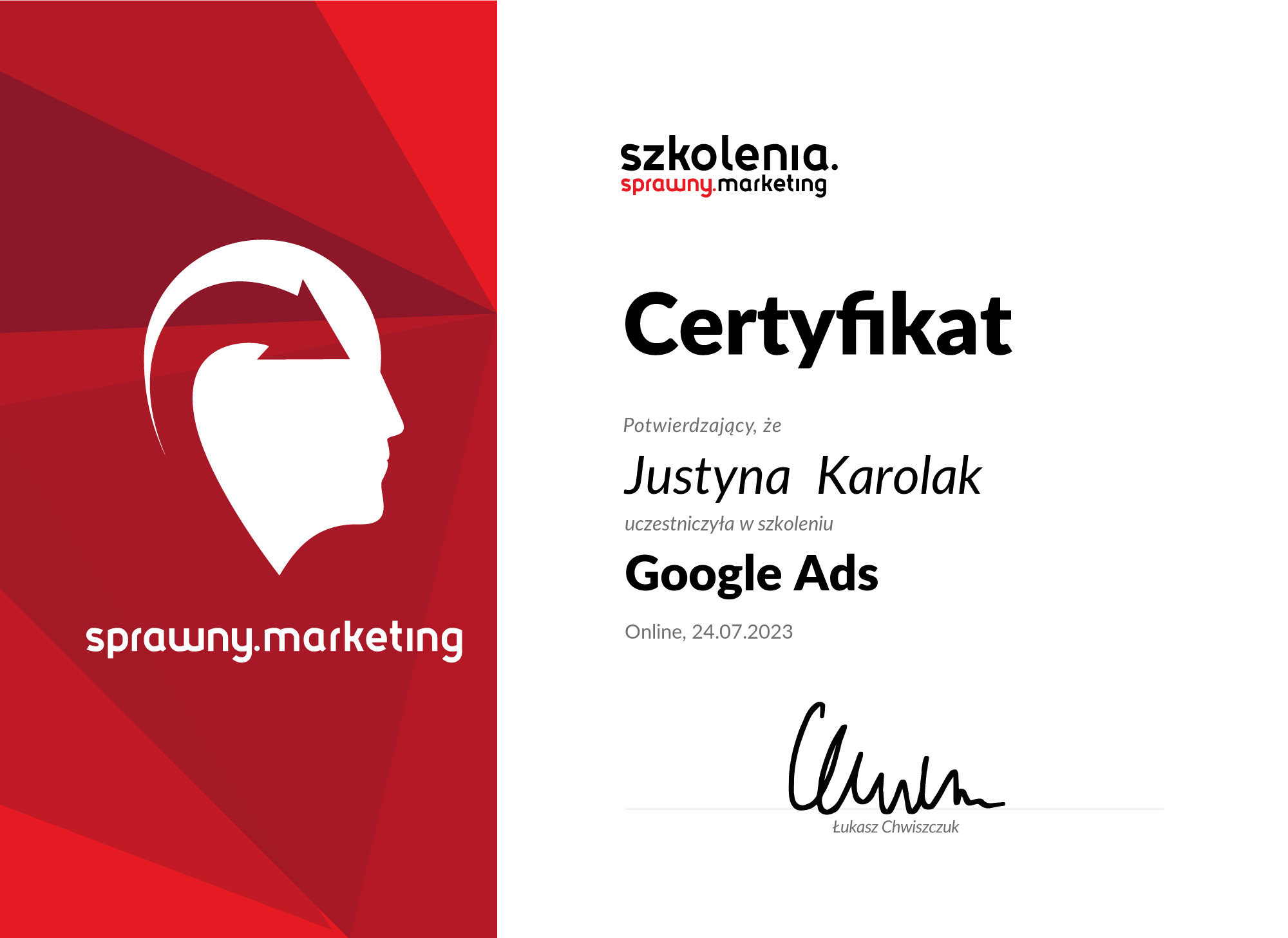 Zaświadczenie Google Ads — Sprawny.marketing